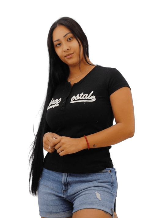 Camiseta feminina Aeropostale-preta de botão
